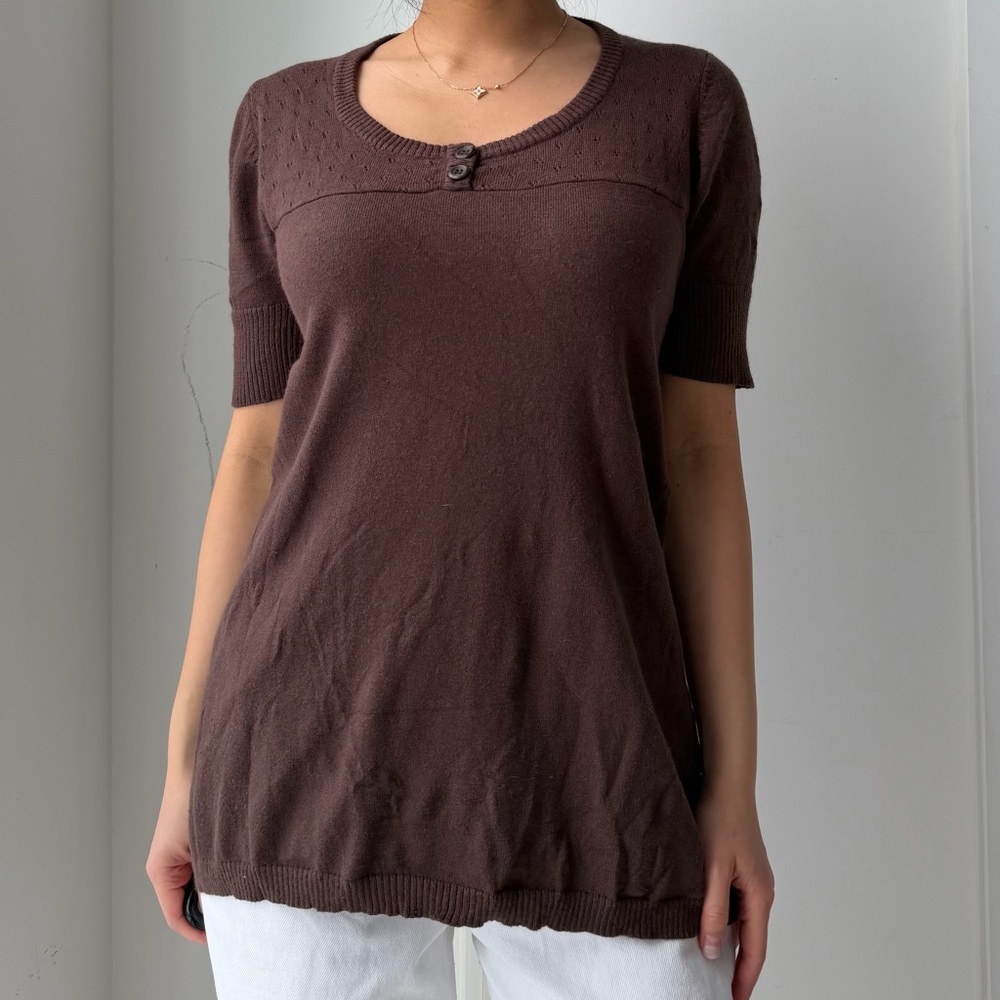 Old Label Garage Brown Angora Blend Short Sleeve Babydoll Top - Large